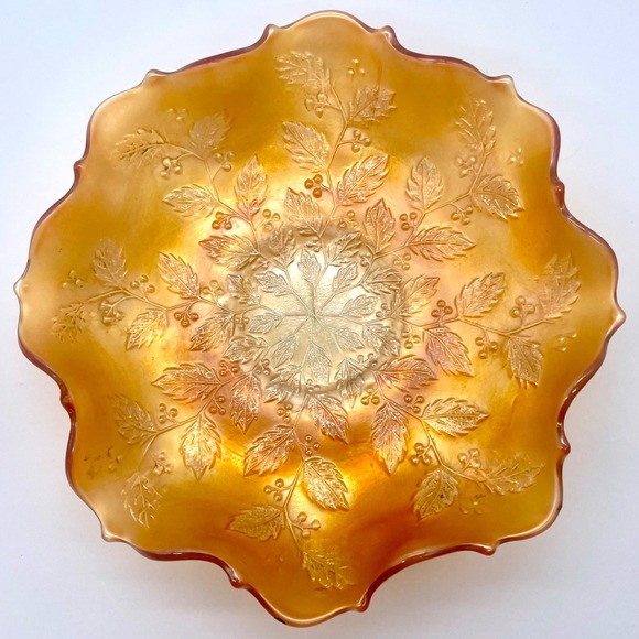 Fenton Other - Fenton Carnival Glass Bowl 9" Marigold Holly Berries Ruffled Edge Iridescent